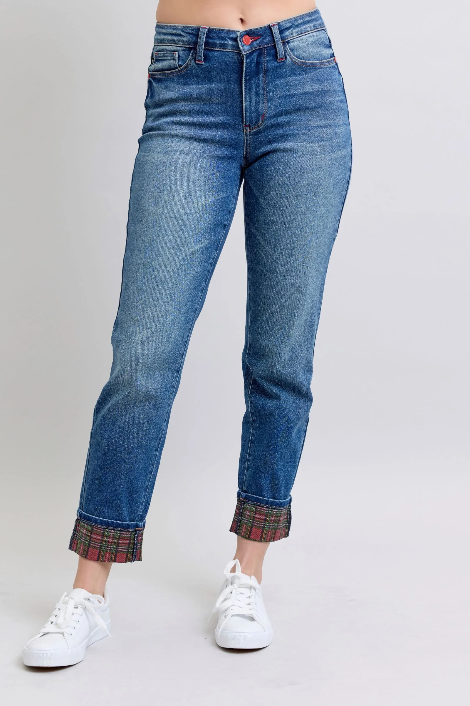 Blue Full Size Plaid Print Cuff Straight Leg Jeans with Pockets