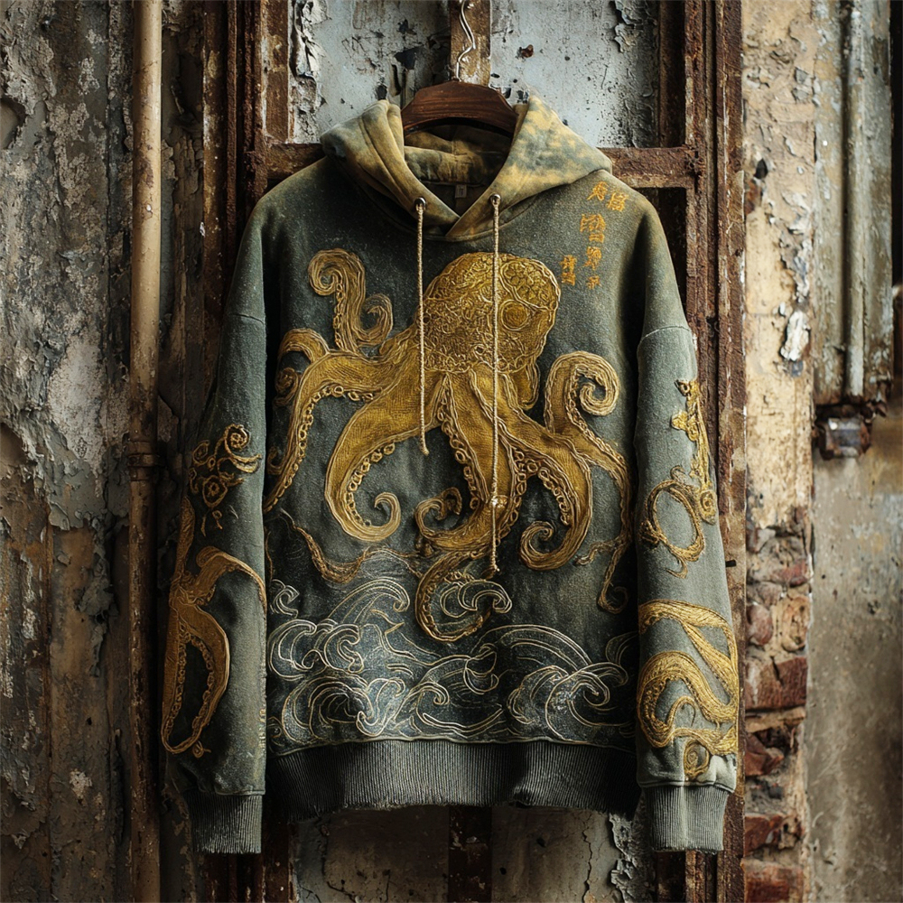 Japanese Ocean Octopus Art Men's Vintage Hoodie
