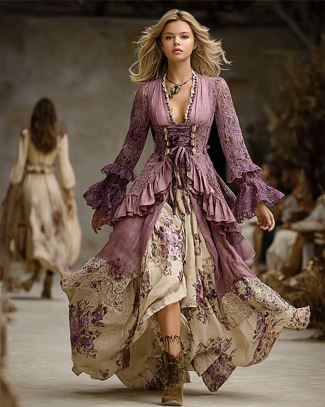 Women's Spring Outdoor Floral Embroidered Cotton-Linen Blend Dress 7024