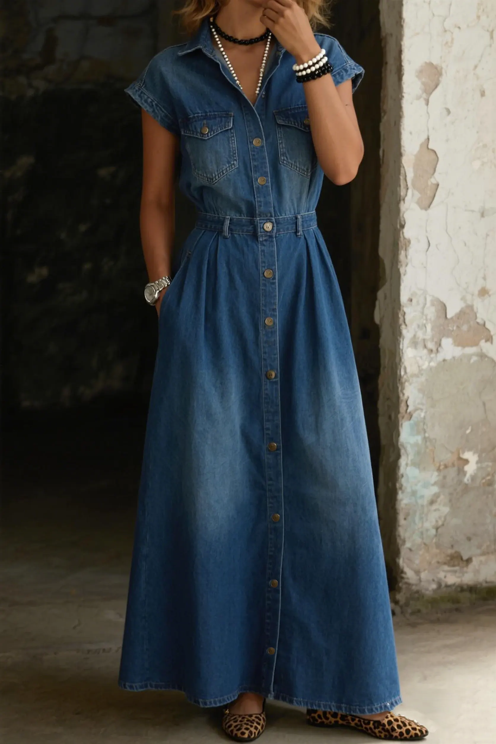 Women's Fashion Casual Loose Short-sleeved Shirt Collar Denim Skirt