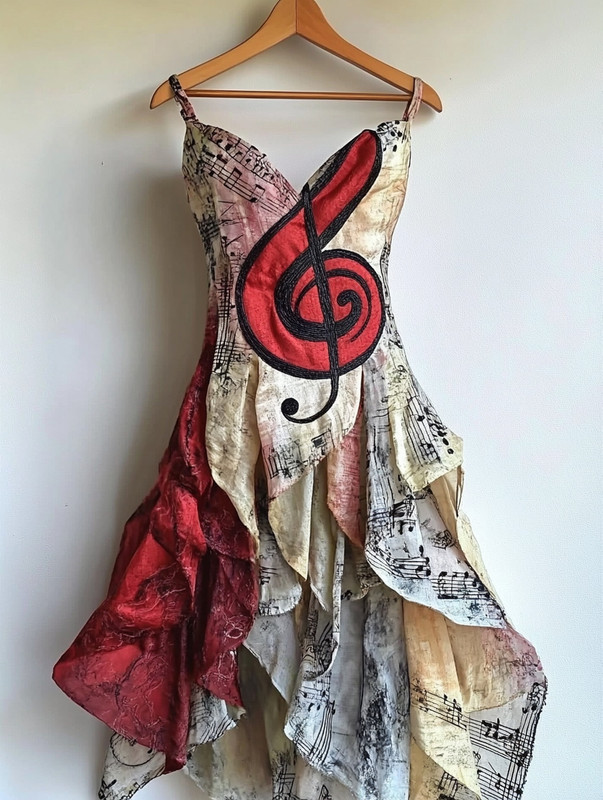 Retro Elegant Music Theme Irregular Stitching Dress 98dc