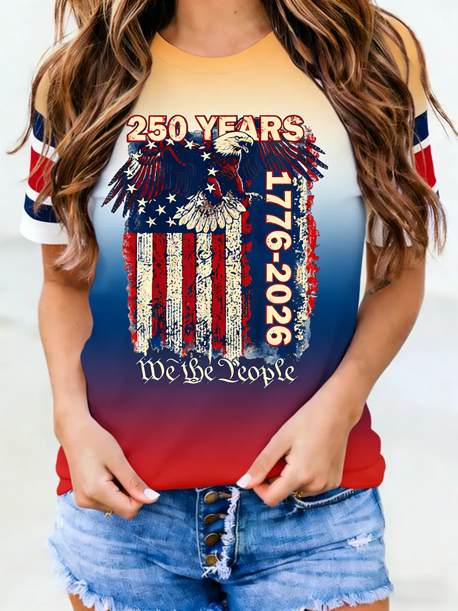 Patriotic 1776-2026 USA Flag Eagle Striped Sleeve Casual Tee