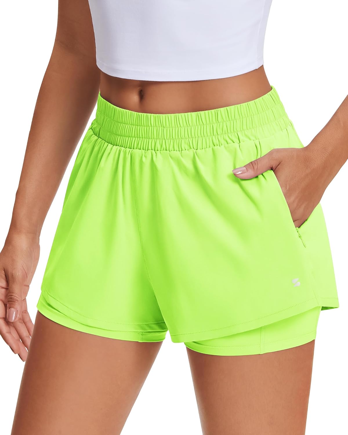 Women's 2 in 1 Running Shorts Athletic Workout Gym Shorts High Waisted Shorts with Liner Zipper Pockets