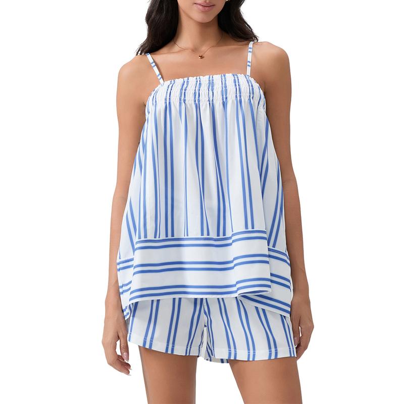 Outdoorfun Women Shorts Set, Striped Camisole with Elastic Waist Shorts Summer Outfit Sleeveless Fashion Womenswear Gorgeous Tops Clothes