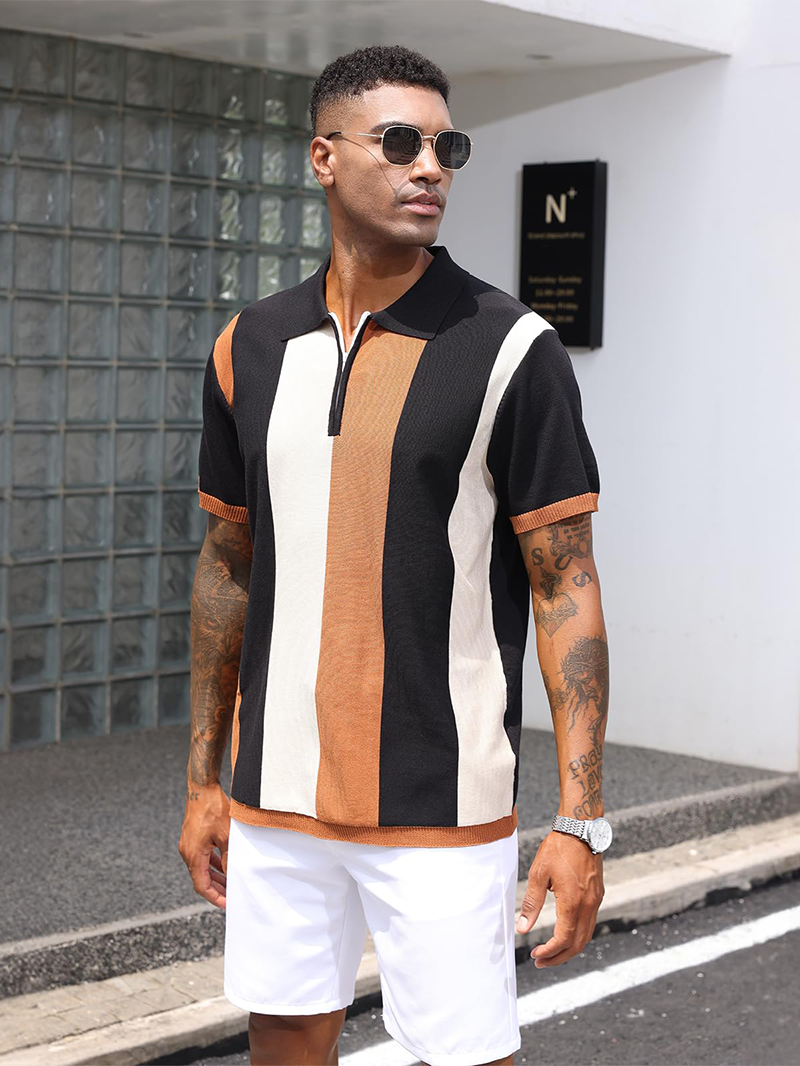 Men's Fashion Polo Shirts Vintage Striped Knitting Shirts Casual Slim Fit Golf Shirts