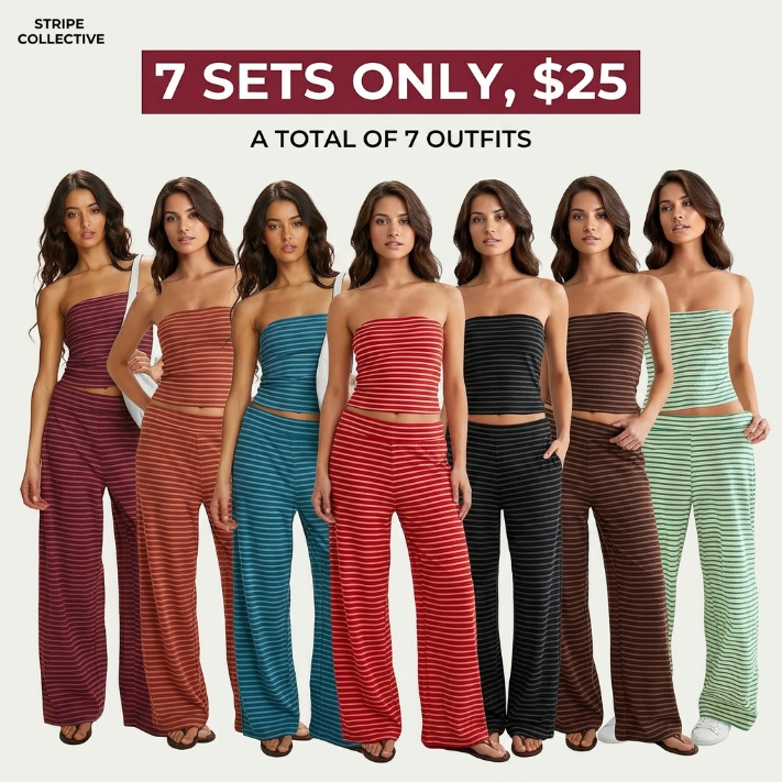 Women's Chic Color Matching Stripe Slim Tube Top & Low-Rise Wide Leg Trousers Co-ord, Soft Spring & Summer Holiday Outfits