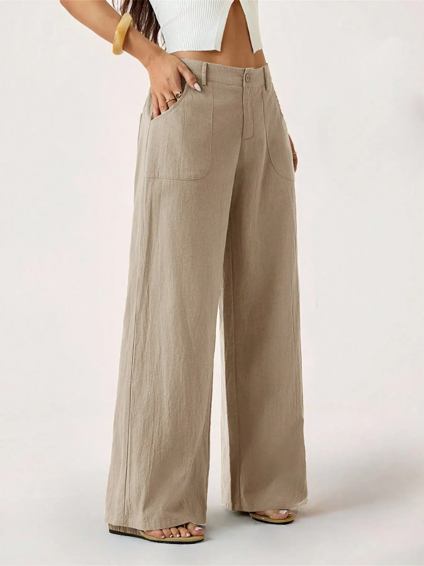 Women's Classical Linen Palazzo Pants Summer Flowy Wide Straight Leg Beach Trousers With Pocket Casual Solid Color Soft Elastic High Waist Lounge Pants Travel Vacation Bottoms Date Brunch Home Work Streetwear Outfit