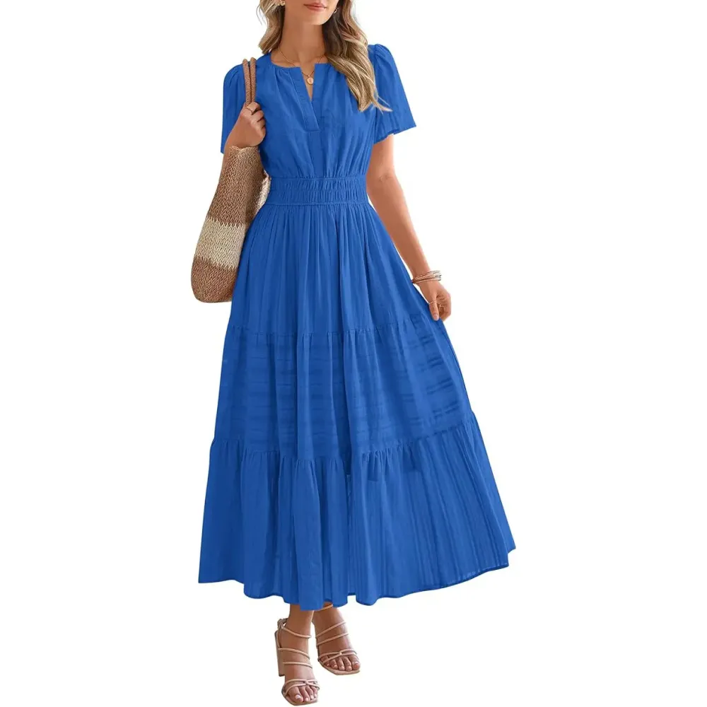 Women’s Summer V-Neck Boho Maxi Dress with Pockets