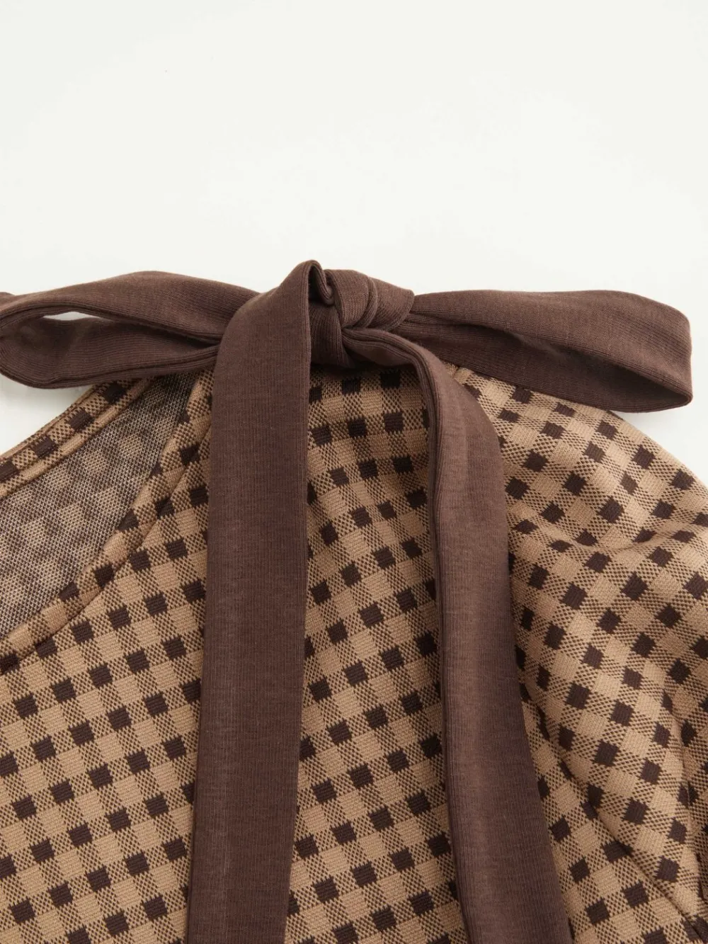 Boat Neck Gingham Bowknot Ruched Long Sleeve Top