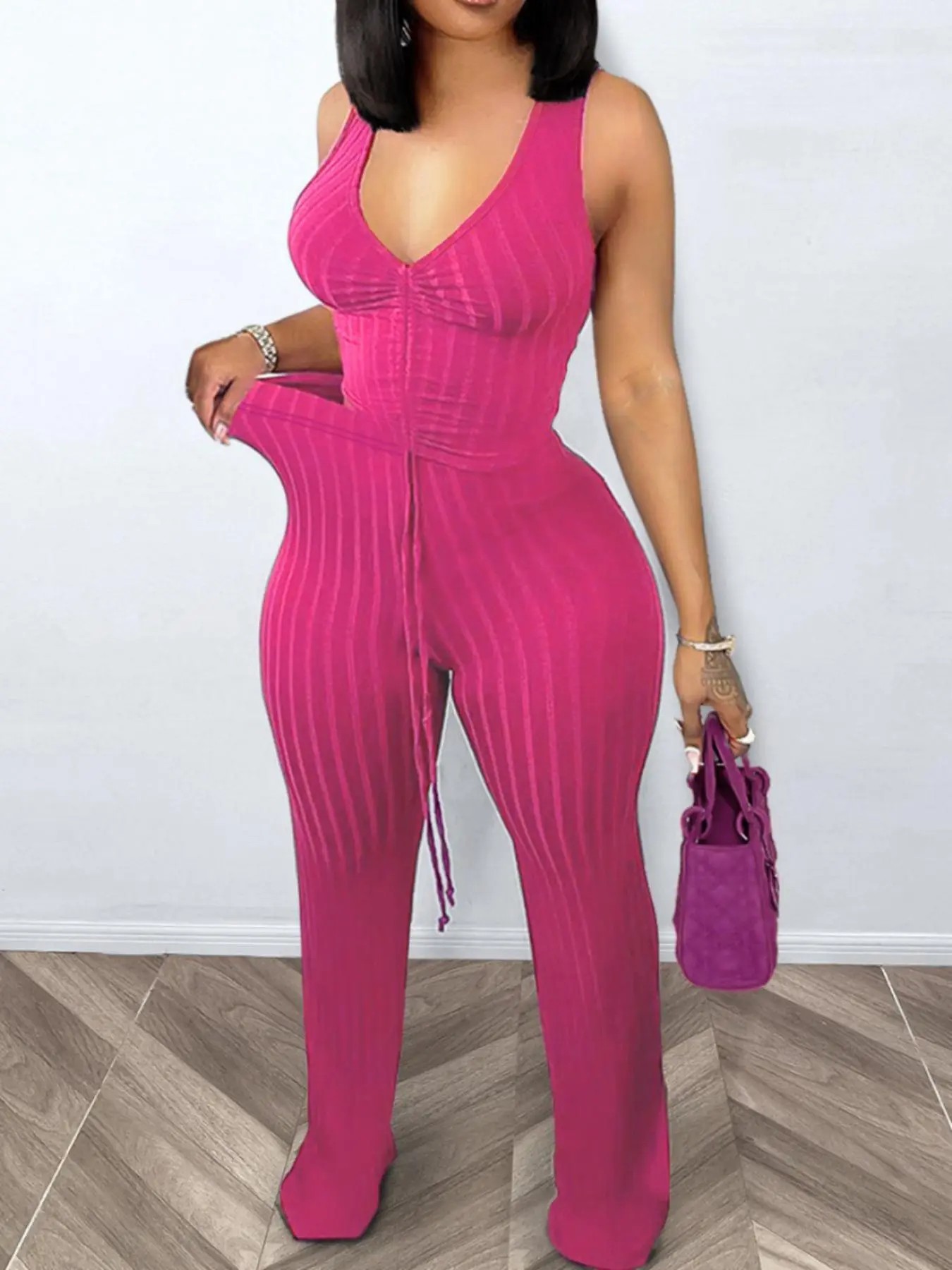 Women's Solid Ribbed Ruched Drawstring Crop Tank Top & High-Waisted Pants Set