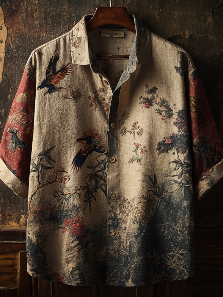 Japanese Art Style Retro Cotton And Linen Men's Large Size Short Sleeve Shirt With Floral And Animal Elements