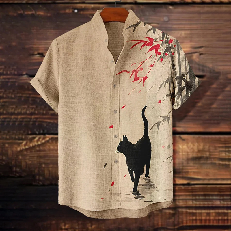 Men's Black Cat Walking In Bamboo Forest Ink Painting Print Casual Shirt