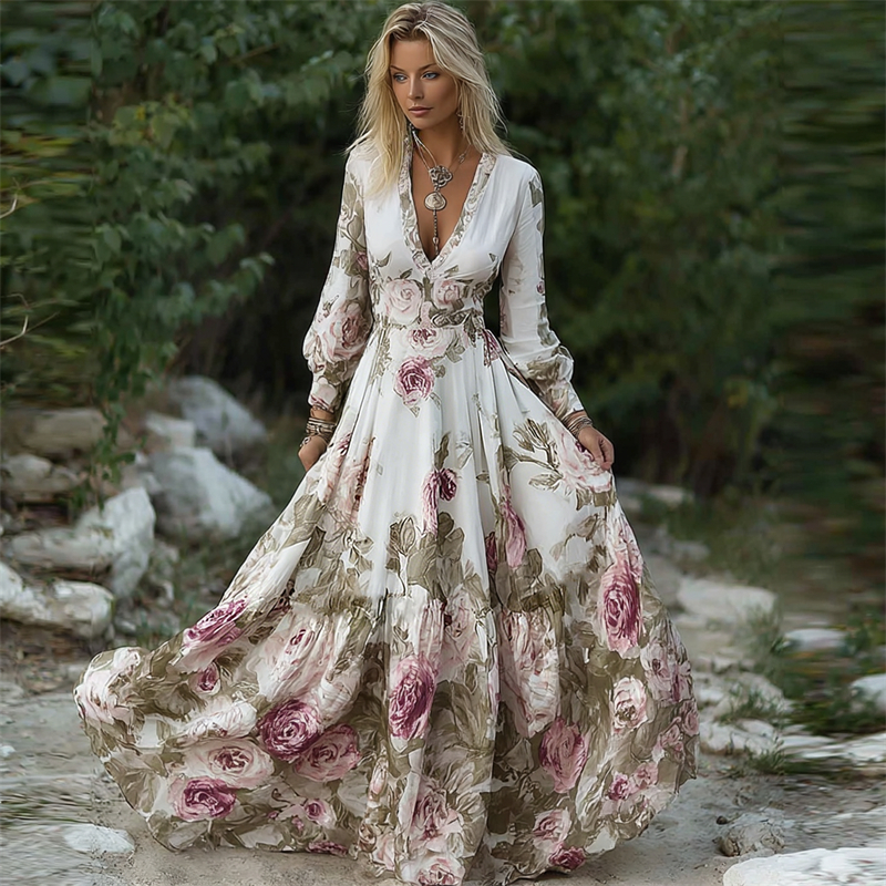 Classy Vintage Roses Print V Neck Flowy Maxi Dress