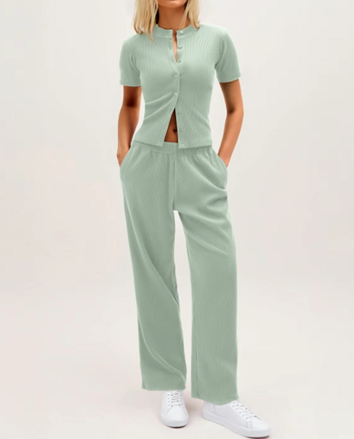 Chic Women's Button-Up Top & Wide Leg Trouser Set – Casual & Comfy!