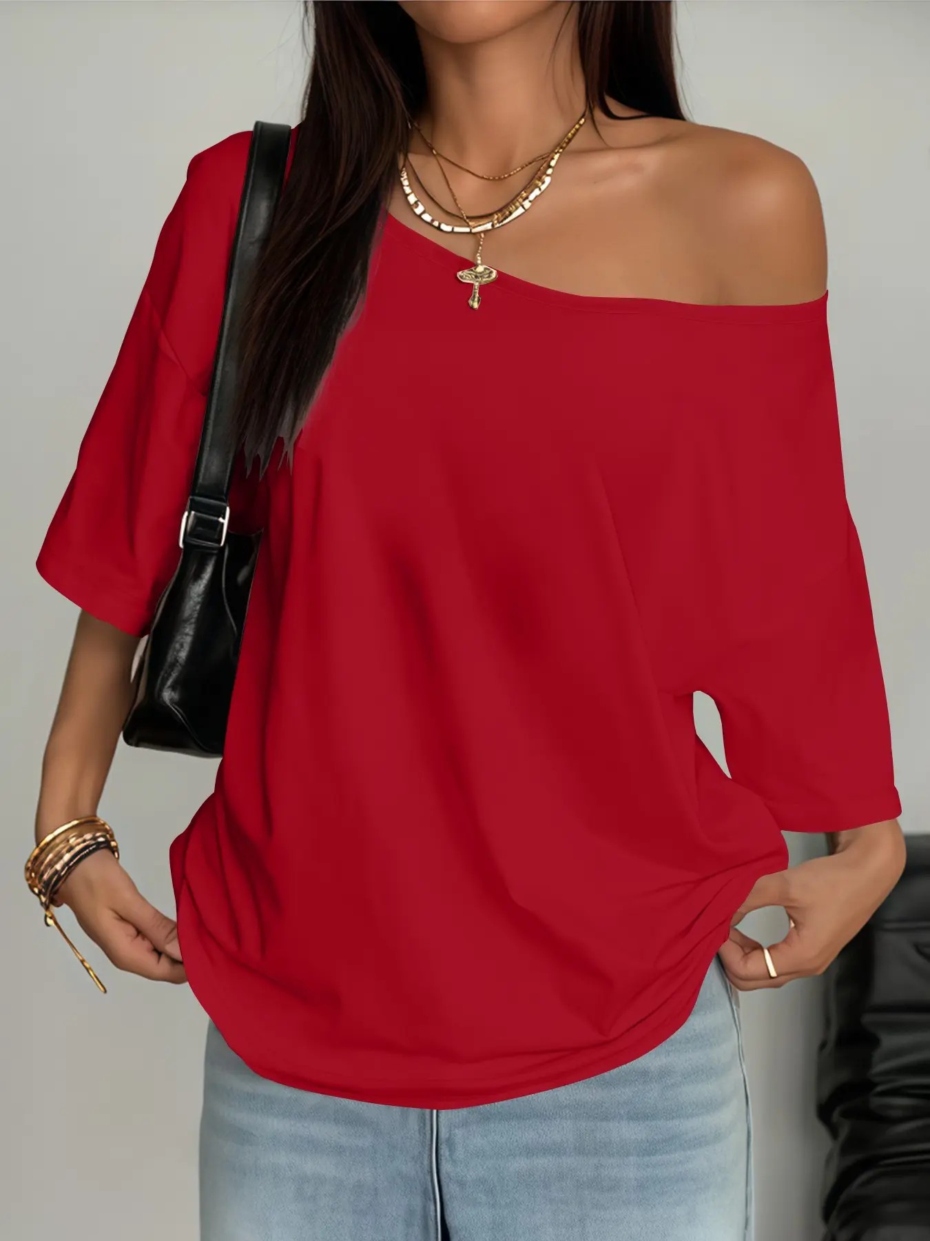 Women's Asymmetrical Shoulder Top, Trendy Fashion Short Sleeve Blouse
