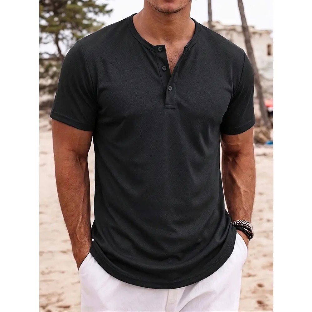 Men's Casual Short Sleeve Henley Shirt Breathable Button Placket Top