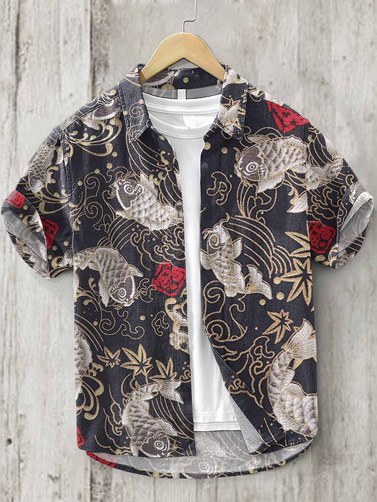 Vintage Japanese Art Koi Pattern Linen Blend Cozy Shirt