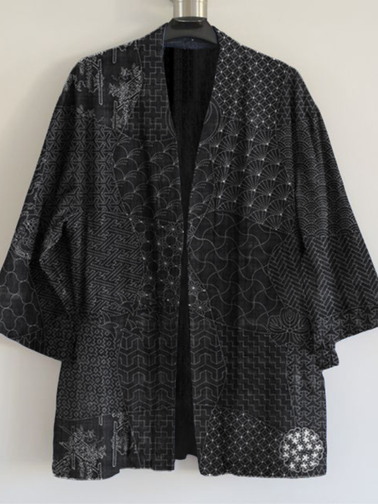 Japanese Traditional Sashiko Art Linen Blend Kimono Cardigan