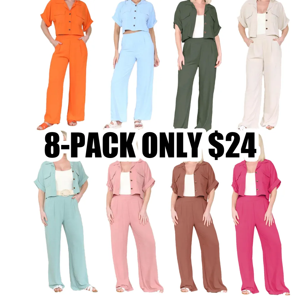 KatchMe Women's Casual Button Front Flap-Pocket Blouse & Wide Leg Trousers Co-ord Set – Crop Short Sleeve Shirt & High Waist Pants Two-Piece Se