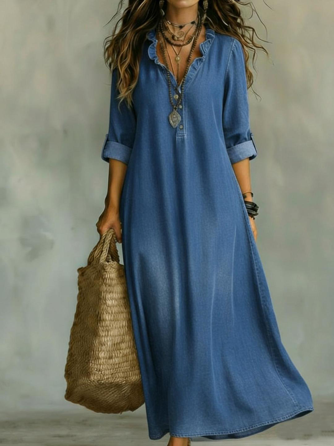 Romantic Ruffled Collar Denim Dress