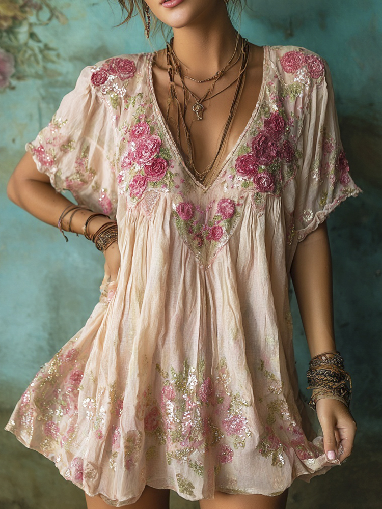 Vintage Boho Flower Embroidery Women's V-neck Loose Mini Dress