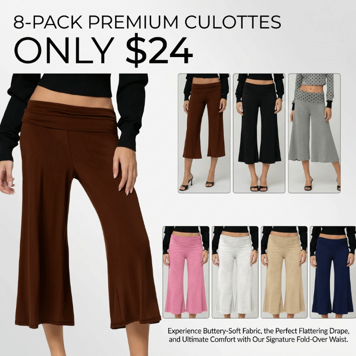 Casual Wide-Leg Culottes for Women - Fold-Over Waist Cropped Pants