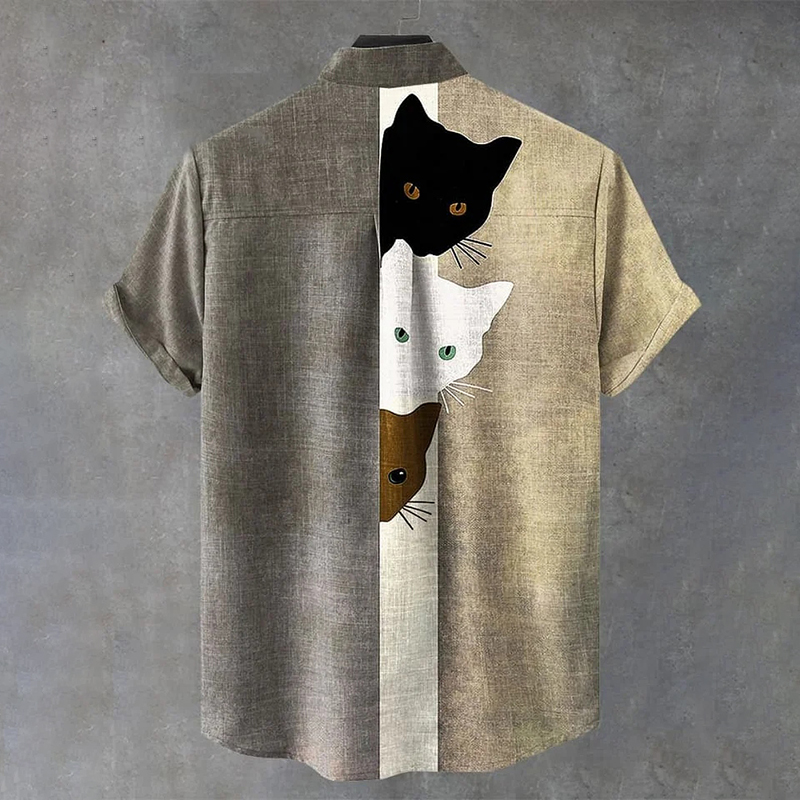 Vintage Funny Black Cat Art Print Casual Cotton Shirt