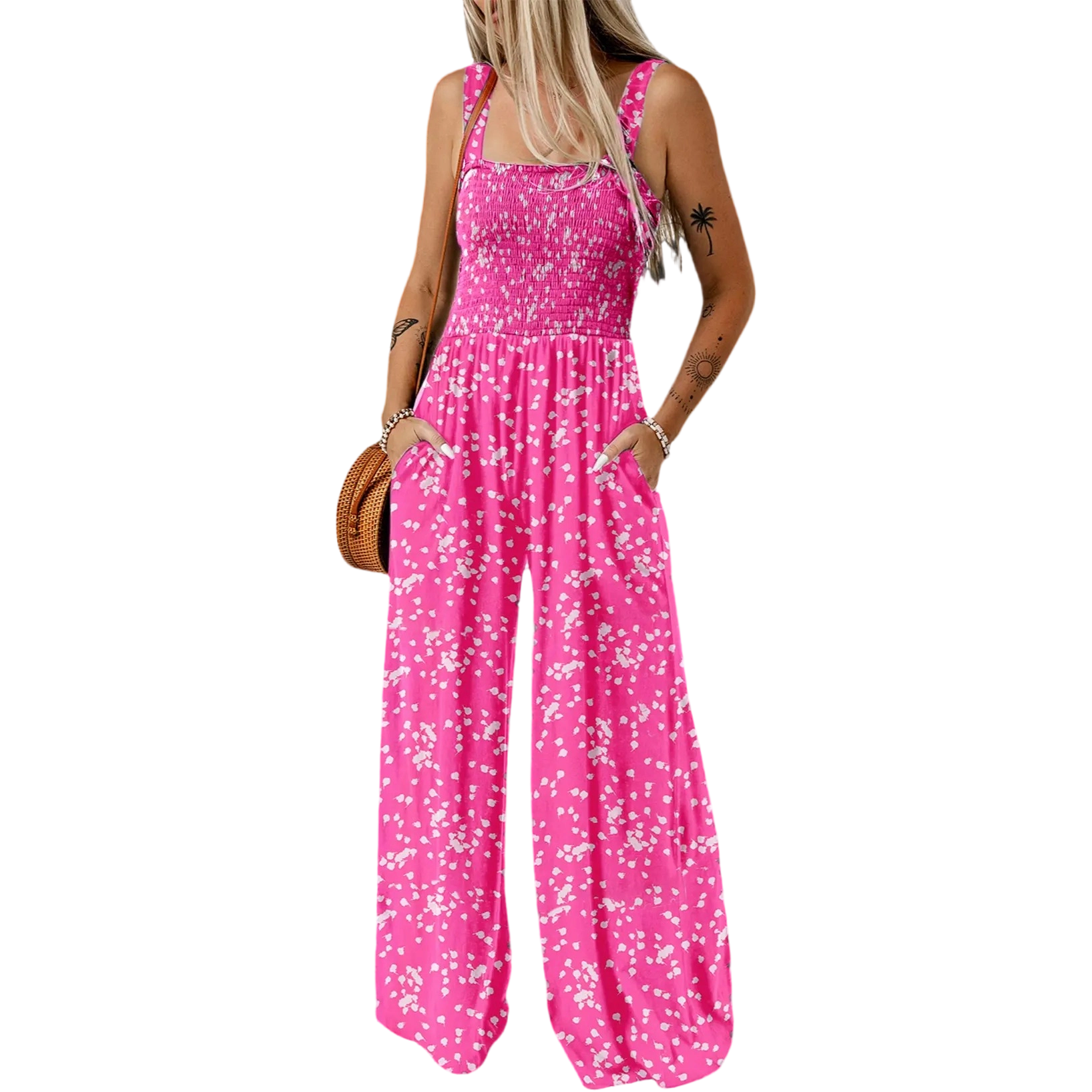 Women's Casual Loose Overalls Jumpsuits One Piece Sleeveless Printed Wide Leg Long Pant Rompers
