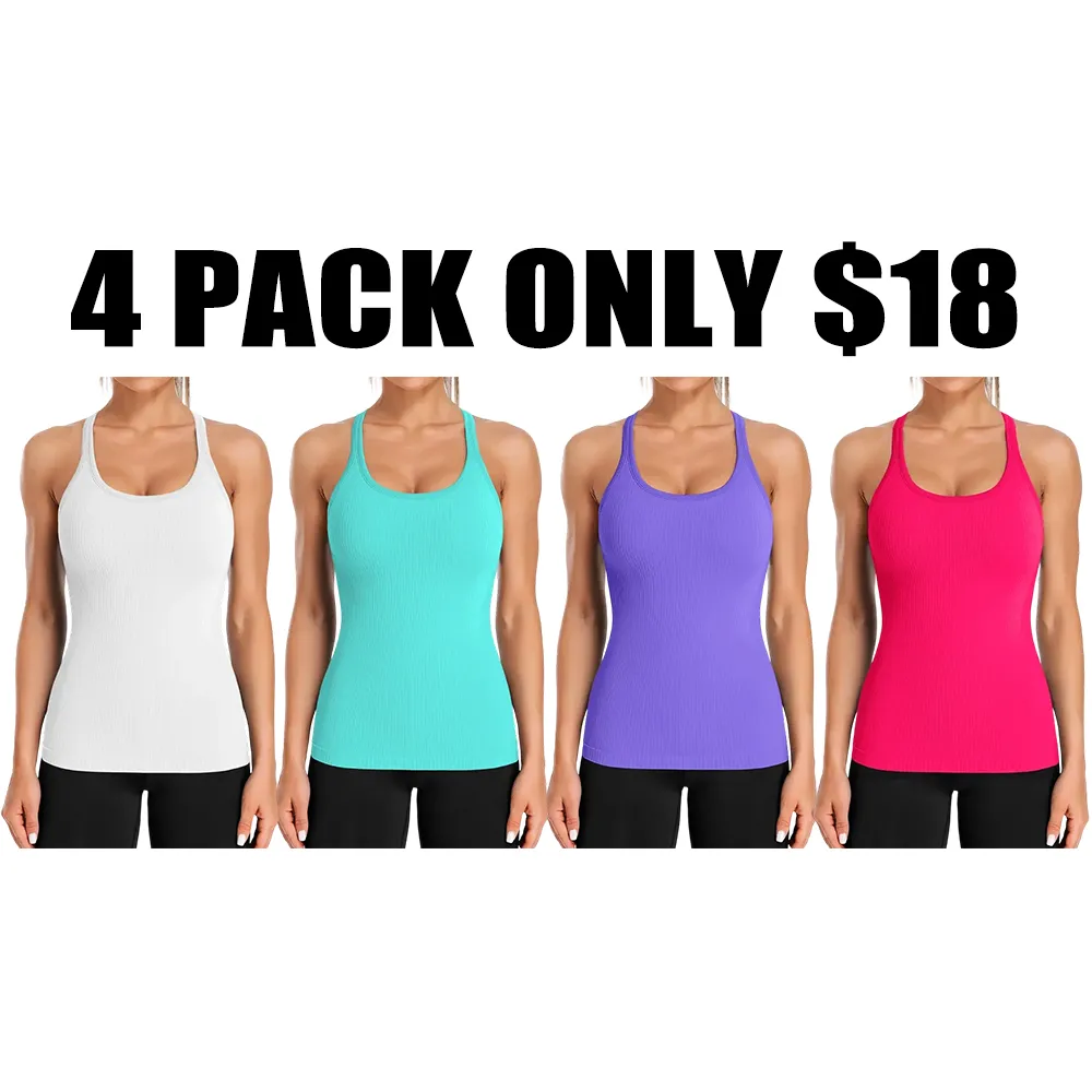 🔥Ribbed Workout Tank Tops for Women with Built in Bra Tight Racerback Scoop Neck Athletic Top