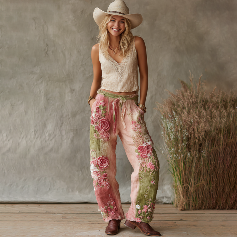 Love & Health Collection Retro Western Women Style Vintage Rose And Floral Patchwork Art Linen Pants