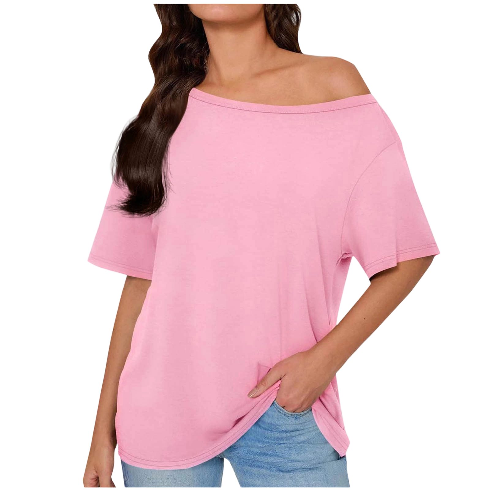 Women's Off The Shoulder Tops Short Solid Color Short Sleeve Tee - Casual Basic T-Shirt for All Seasons Daily Wear