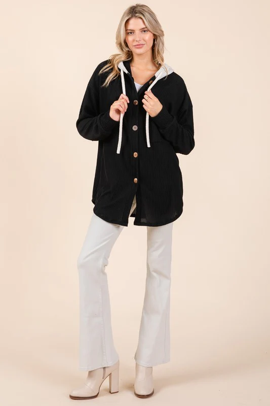 Textured Button Down Drawstring Hooded Shacket