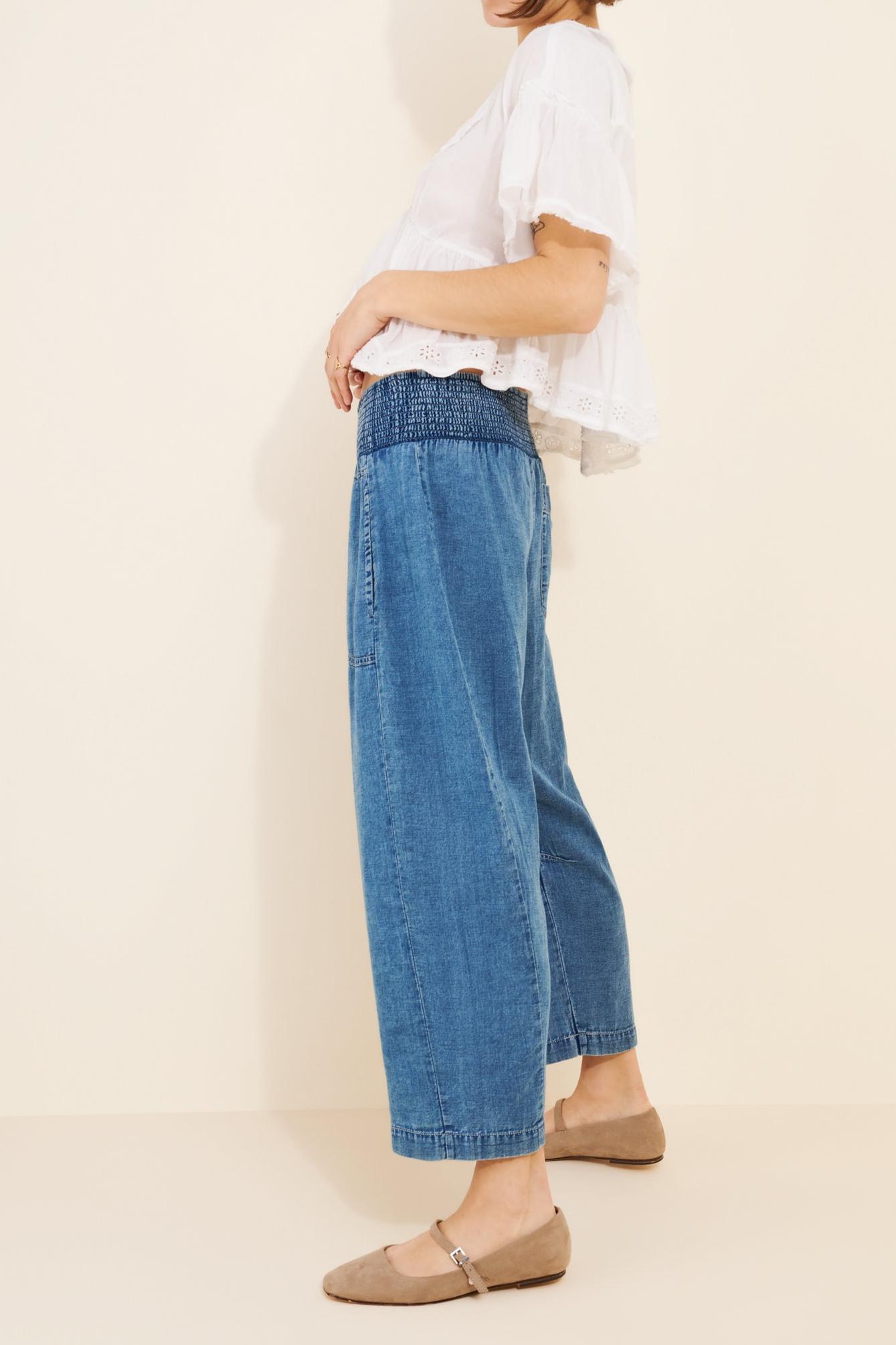 Elastic Waist Wide Leg Cotton Crop Denim Jeans