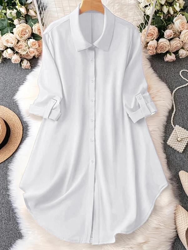 [Plus Size]Minimalist Solid Long Sleeve Button Front Fitted Shirt – Women’s Casual Chic Blouse for Spring & Fall