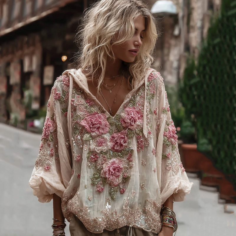 Women's Vintage Floral Embroidery Warm V-neck Hoodie