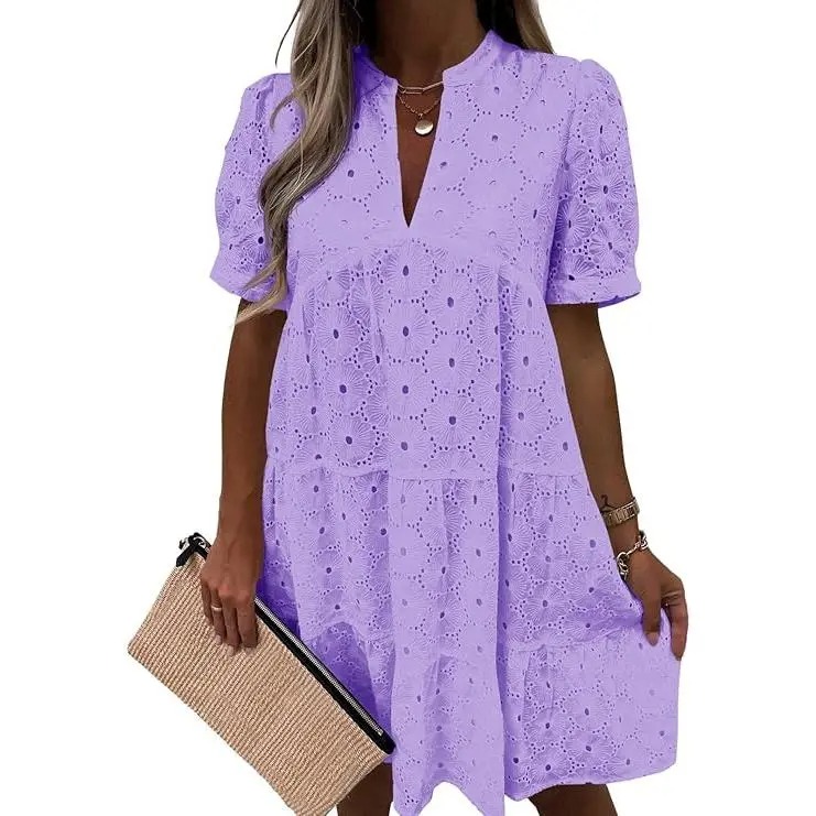 Women’s Eyelet Lace Summer Tunic Dress – Flowy V-Neck Babydoll Style