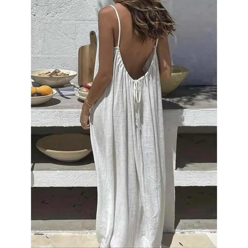 Women's Solid Color Cami Lounge Dress, Elegant Sleeveless Long Dress for Summer, Ladies Sleepwear for Indoor Wear