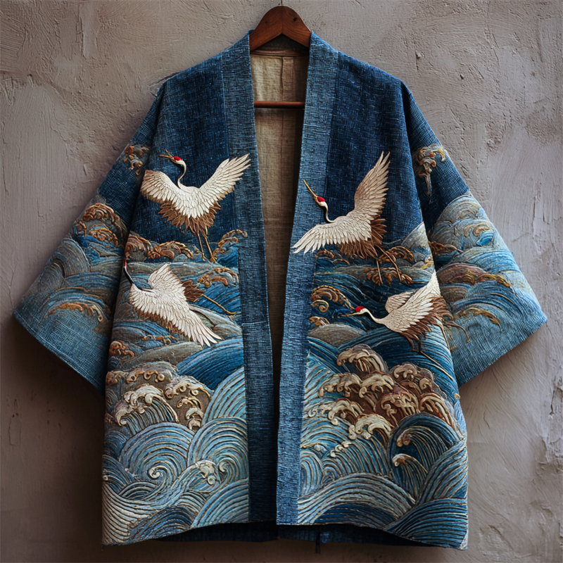 Japanese Cranes & Sea Waves Embroidered Linen Kimono Cardigan