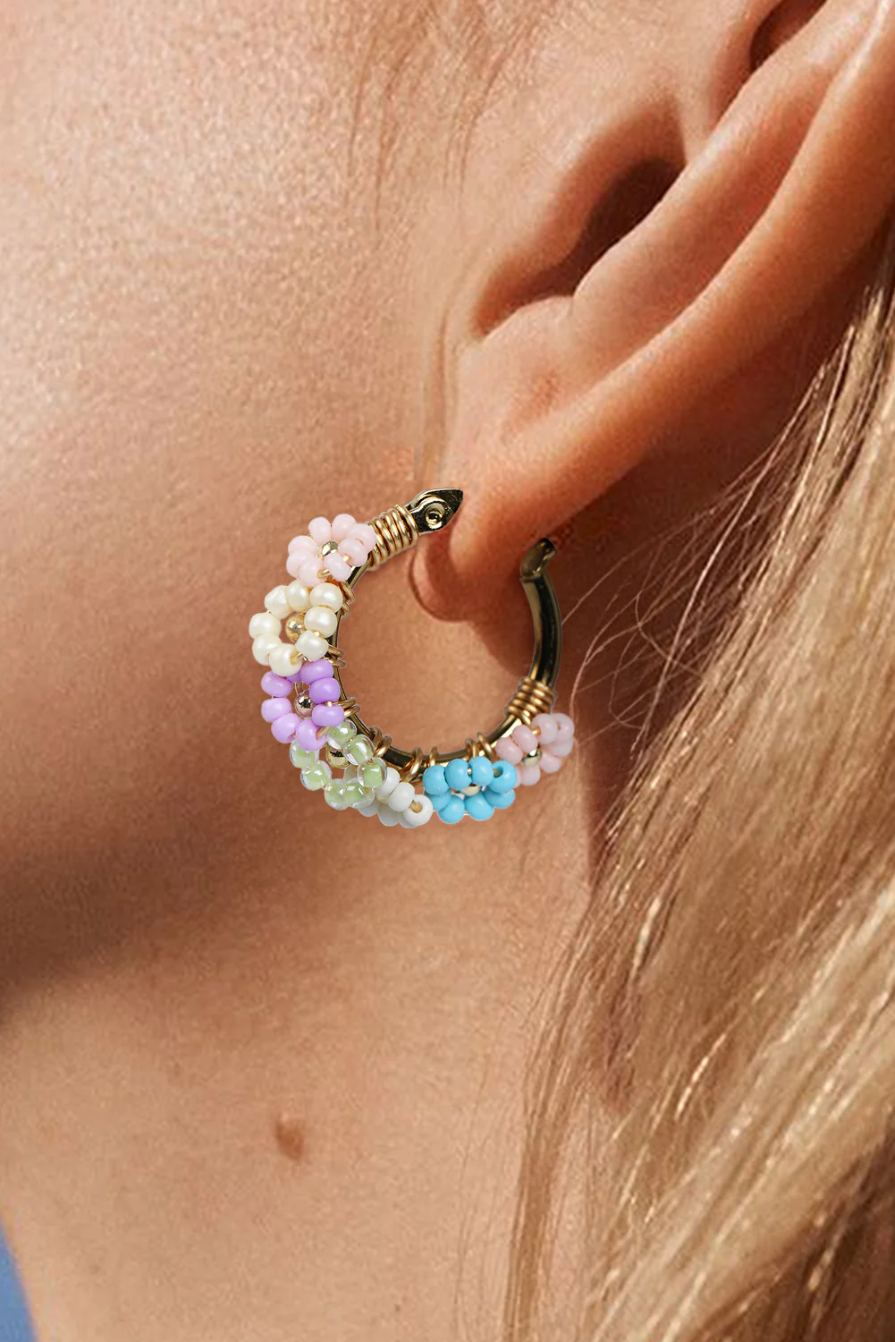 Gold Beaded Flower Hoop Alloy Earrings