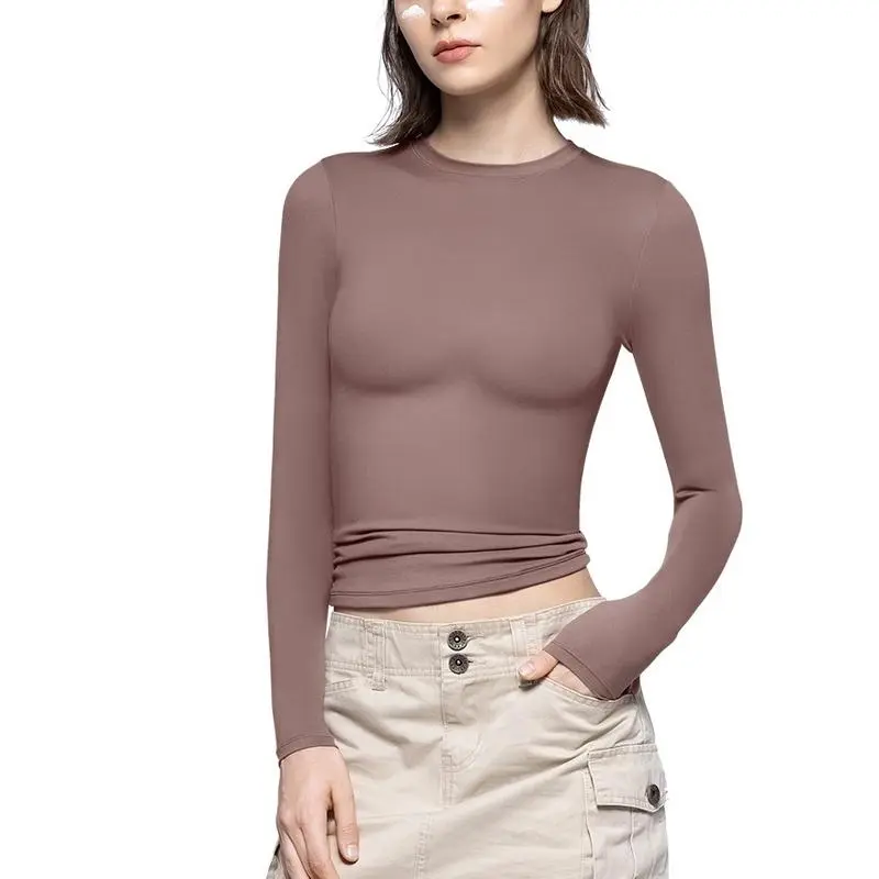 Long Sleeve Basic Tee Women's Crew Neck Slim Fit Tops Streetwear Minimalist Double Layer Compression Tee