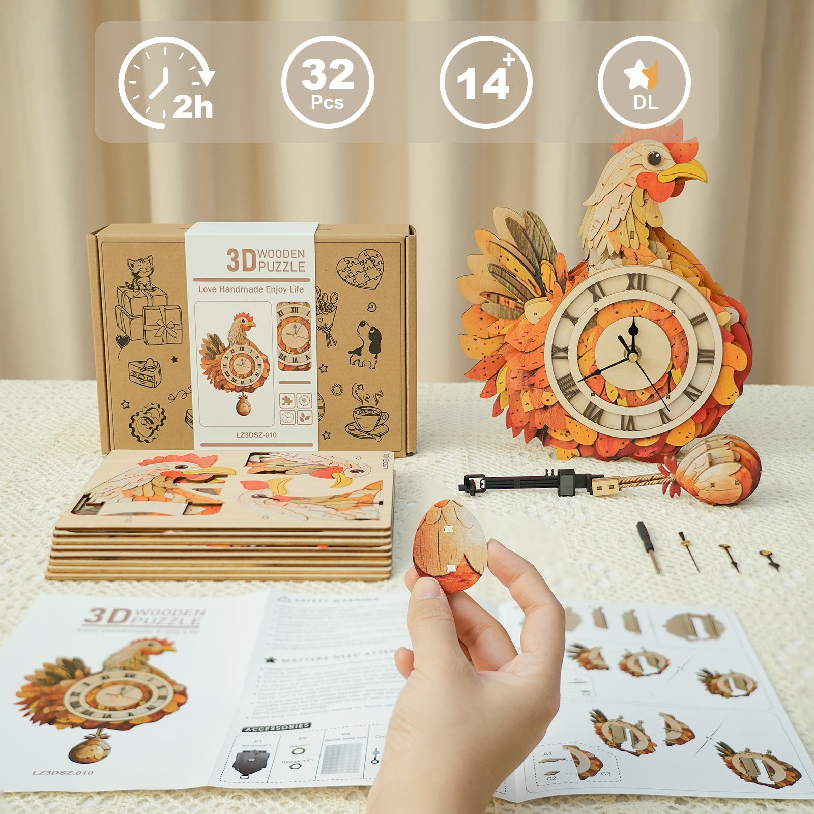 Cluck & Tick Hen Egg  – DIY Wooden Clock, 3D Puzzle Craft Kit