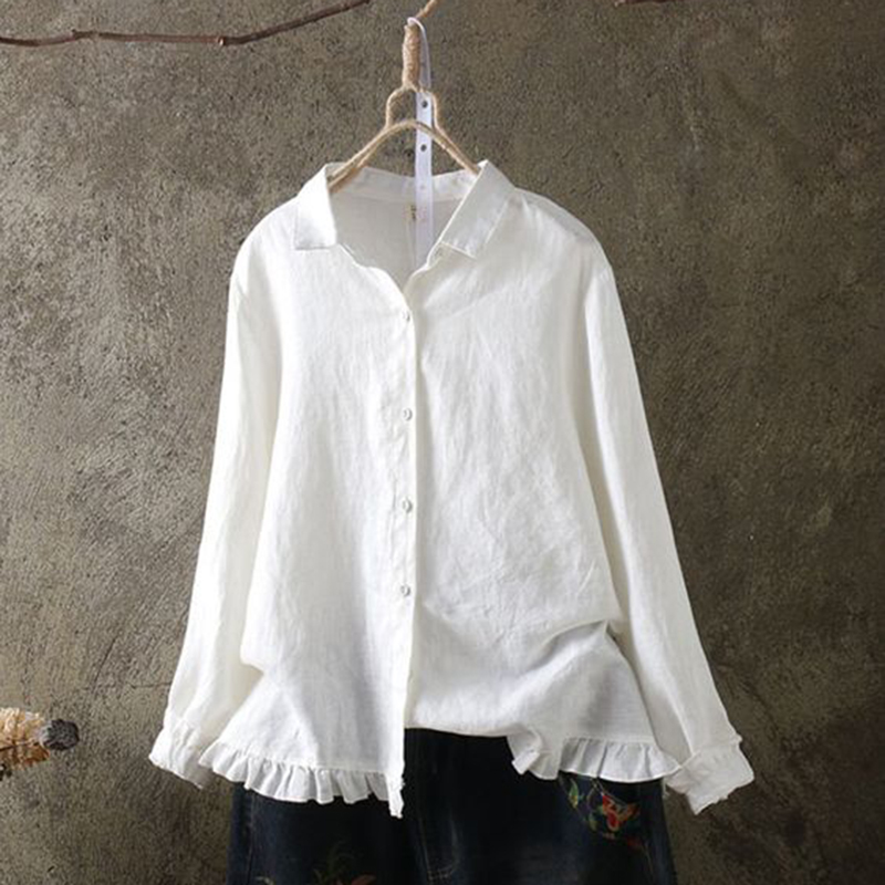 Vintage Plain Shirt Collar Button Down Long Sleeve Blouse b996