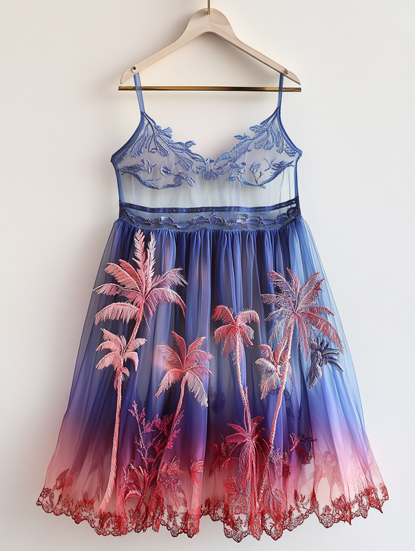 Summer Print Fashion Embroidery Gradient Dress  6da9