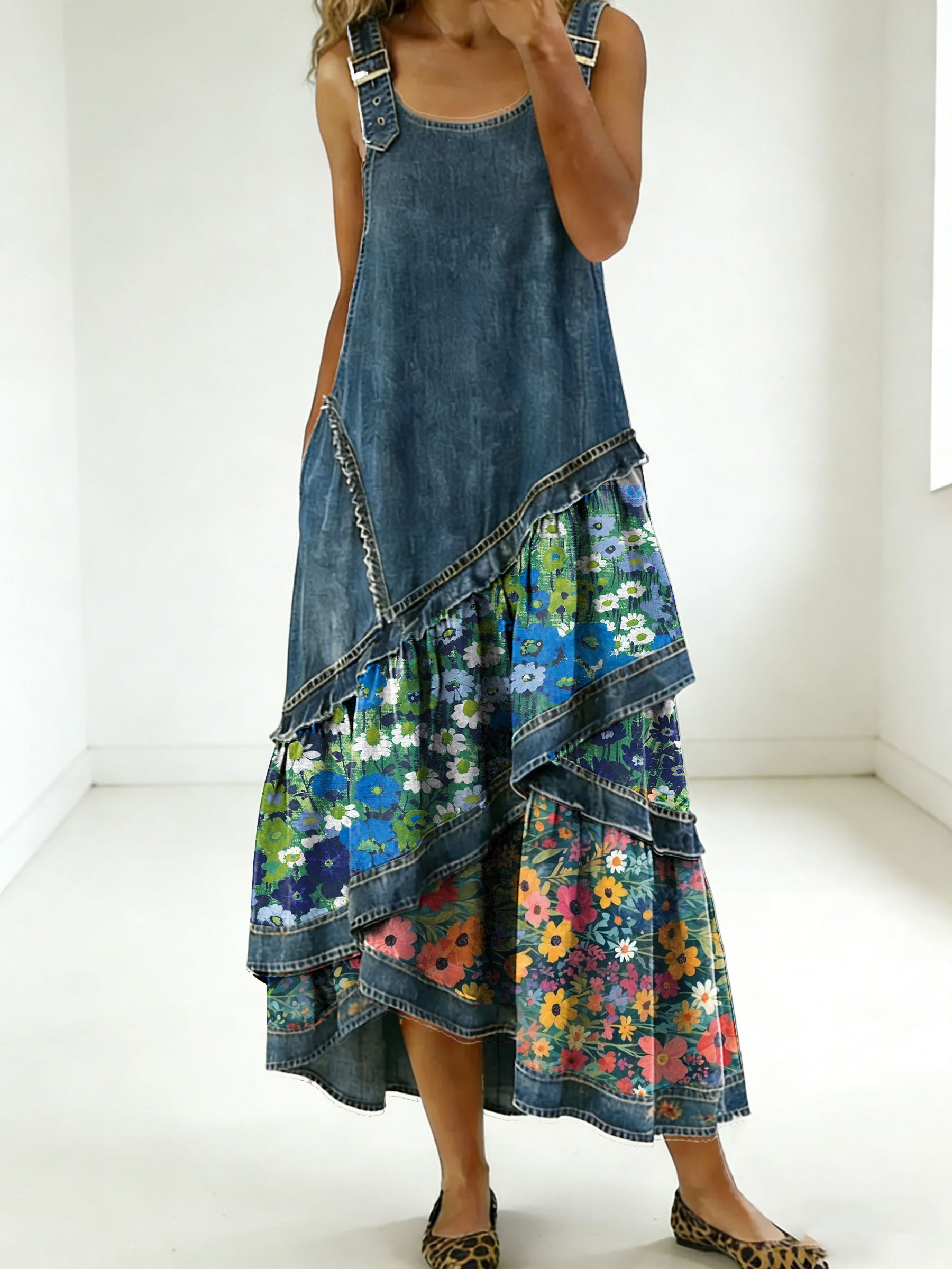 Women's Fashion Floral Denim Design Sleeveless Multi-layered Ruffled Strap Dress