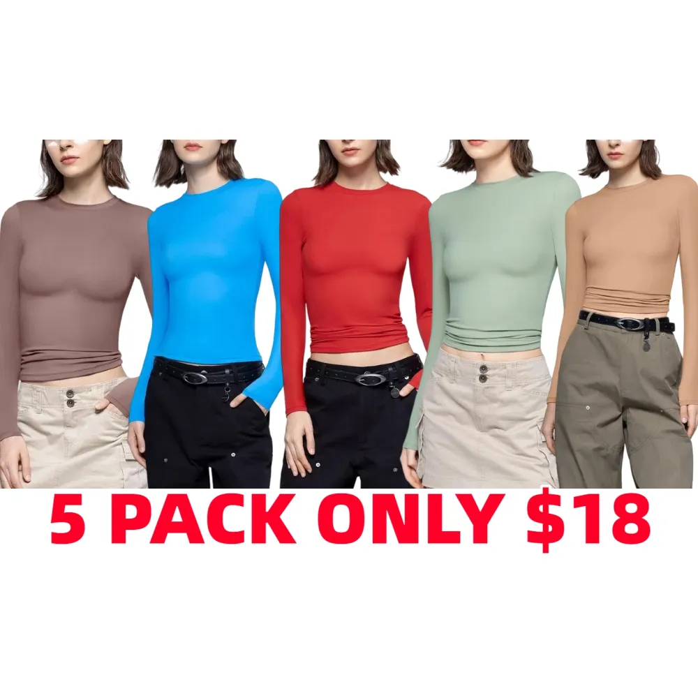 Long Sleeve Basic Tee Women's Crew Neck Slim Fit Tops Streetwear Minimalist Double Layer Compression Tee