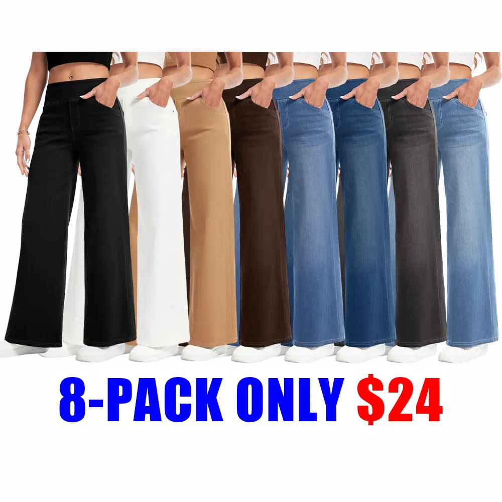 Women’s High Waisted Stretch Wide Leg Jeans – Pull On Tummy Control Elastic Waist Denim Pants with Pockets