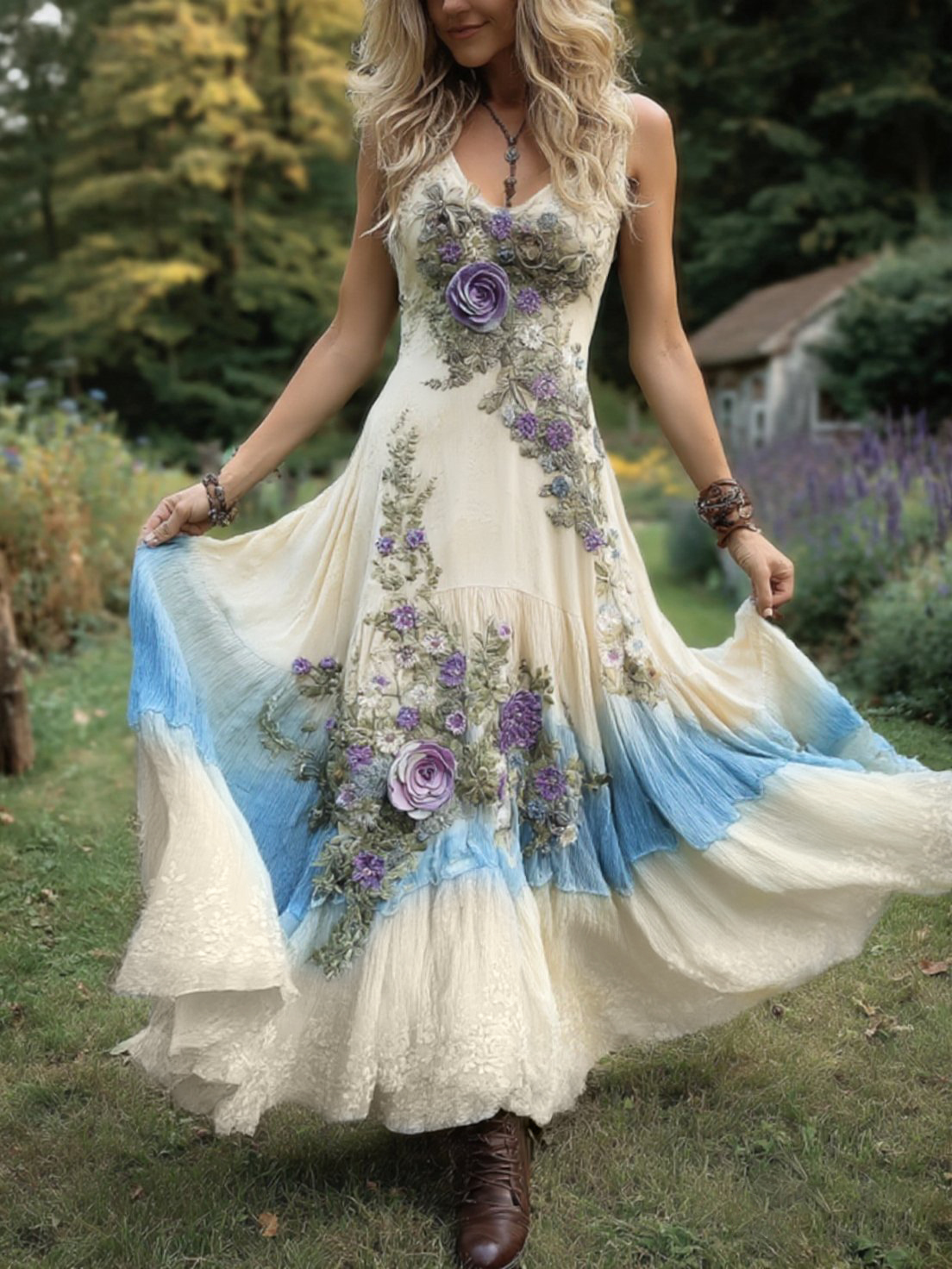 Classy Gradient Purple Lavender And Floral Embroidered Linen Maxi Dress