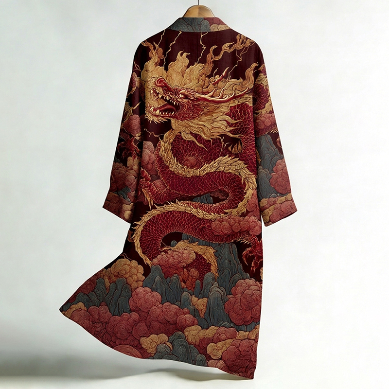 Men's Japanese Dragon Art Print Linen Long Kimono