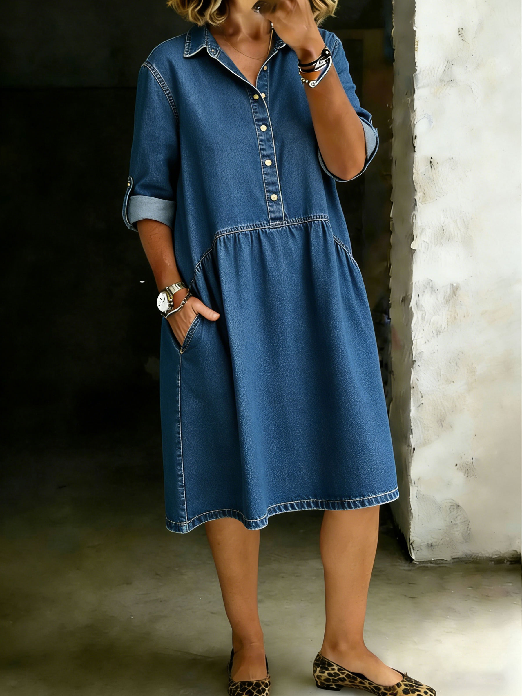 Women's Solid Color Shirt Denim Pocket Dress