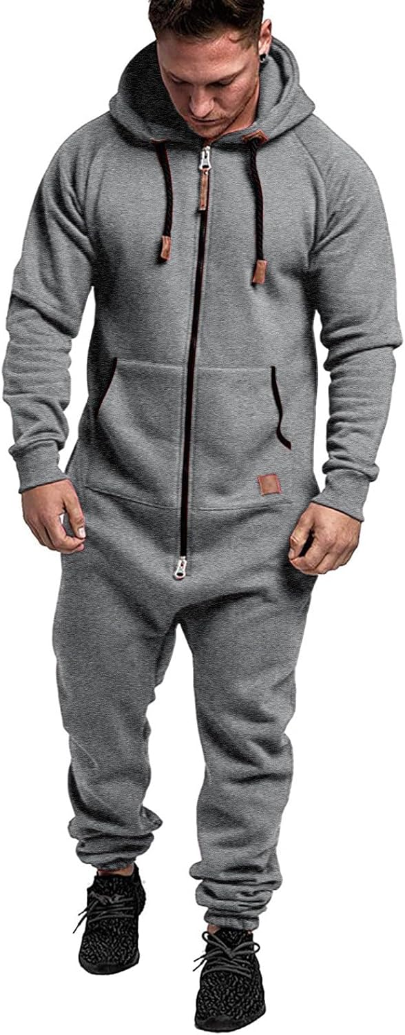 Mens Fleece Lined Hooded Jumpsuit Full Zip Up One Piece Pajamas Onesie Overalls Rompers Playsuit Jogging Sweatsuits